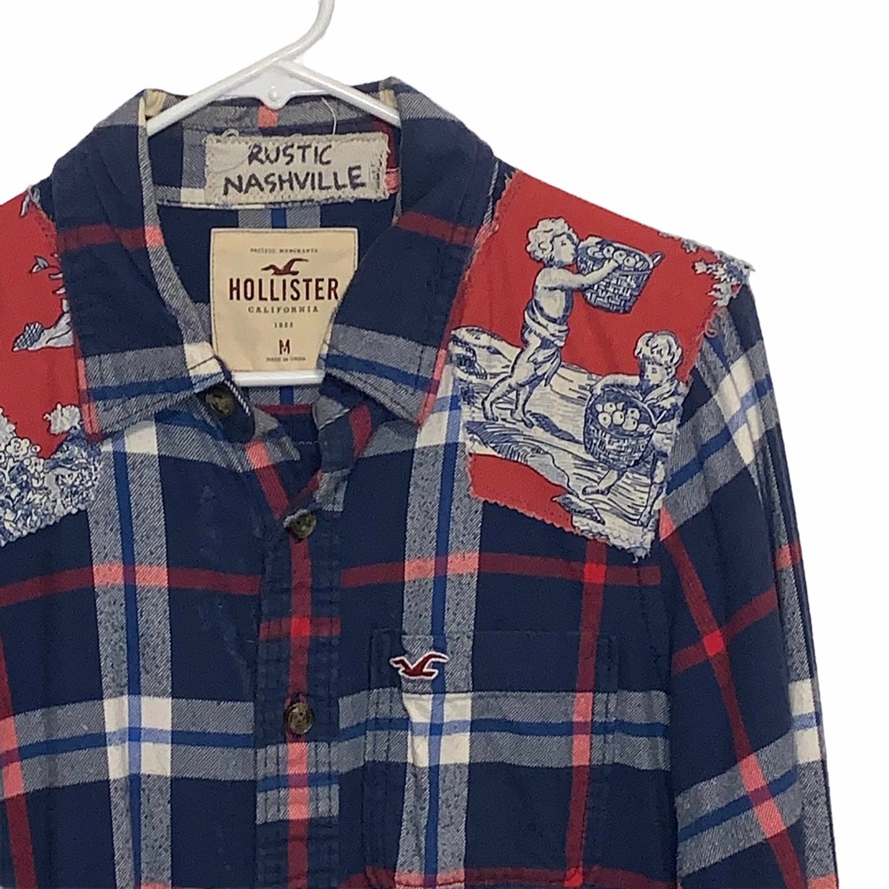 Hollister Distressed Patchwork Plaid Flannel Top M - image 2